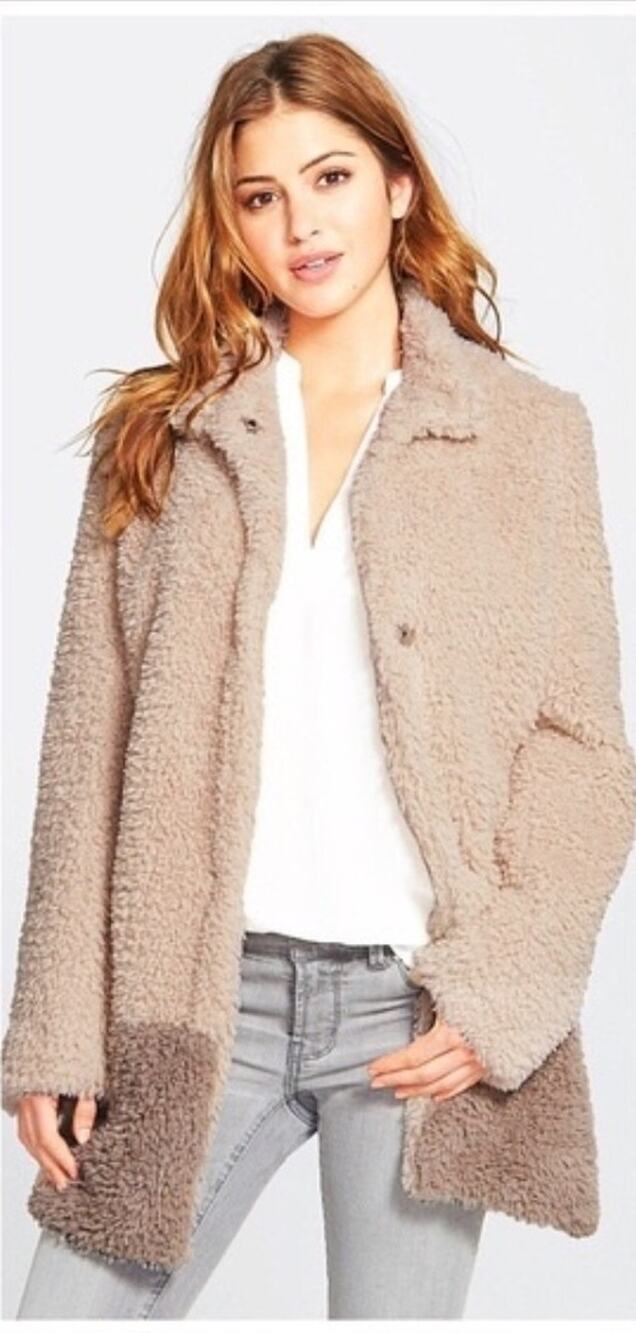 Kenneth Cole Shaggy Colorblock Plush Teddy Coat Soft Cozy Faux Fur Jacket Size M